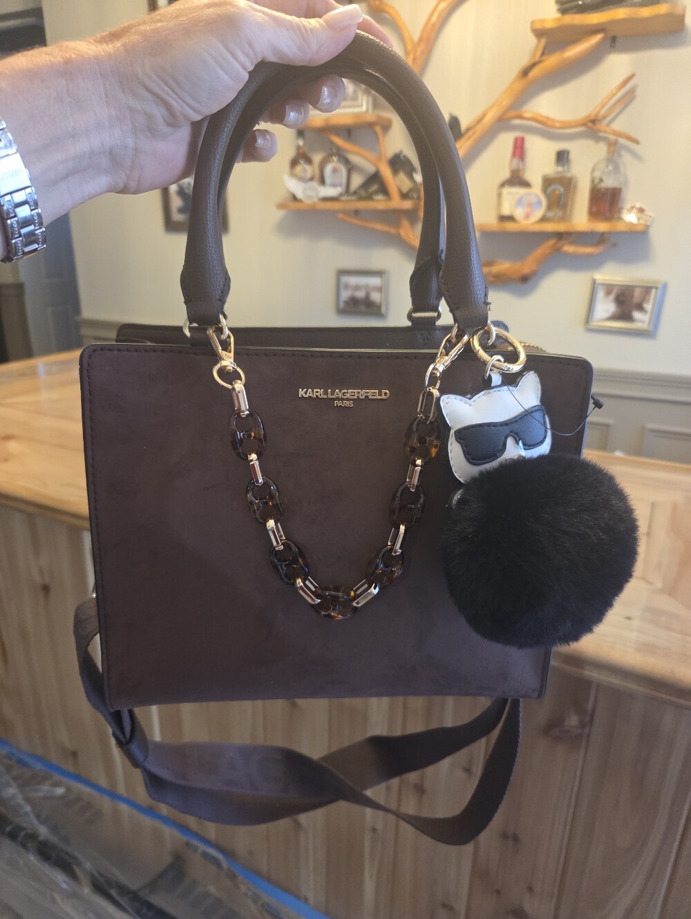Karl Lagerfeld Brown Leather And Suede Structured Tote/Satchel with Sig Charm.